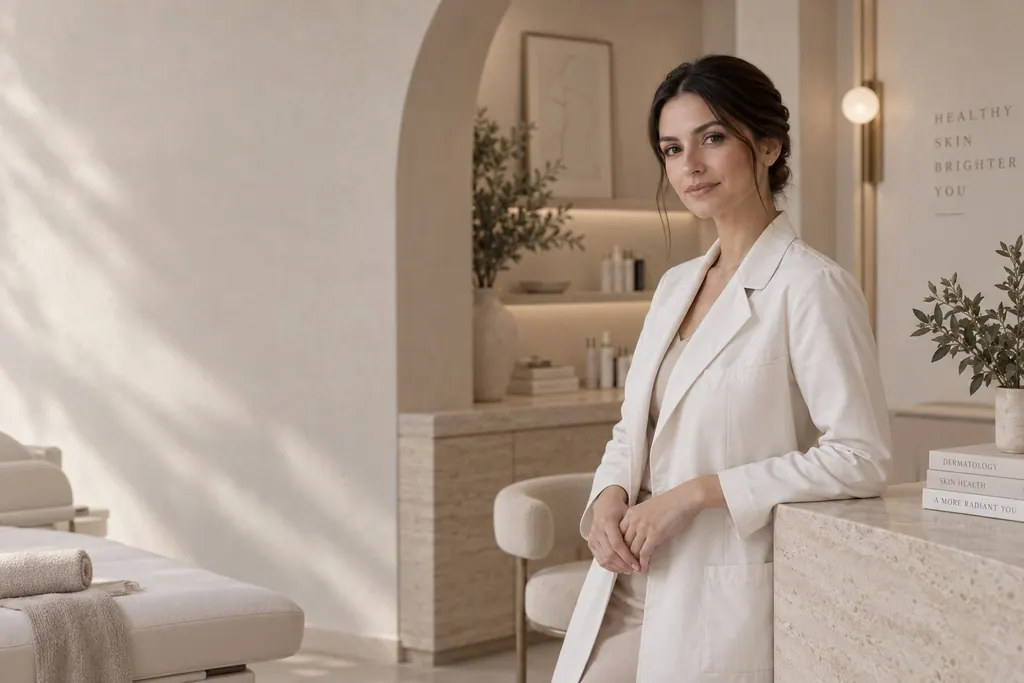 Retrato gerado por IA de Helena Aurel, dermatologista fictícia, em pé junto a uma bancada de travertino, com um arco e prateleiras ao fundo do consultório.