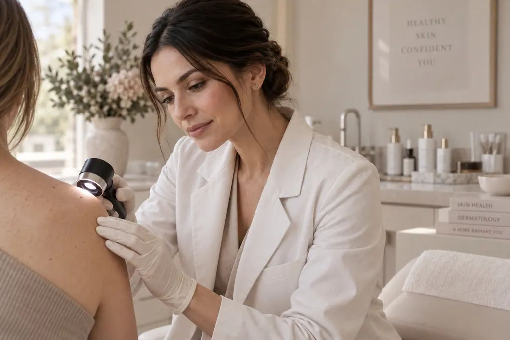 Imagem gerada por IA: Helena Aurel, dermatologista fictícia, examina com um dermatoscópio o ombro de uma paciente vista de costas.