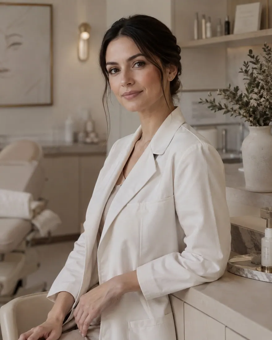 Retrato gerado por IA de Helena Aurel, dermatologista fictícia, de jaleco off-white, apoiada na bancada do consultório e olhando para a câmera.