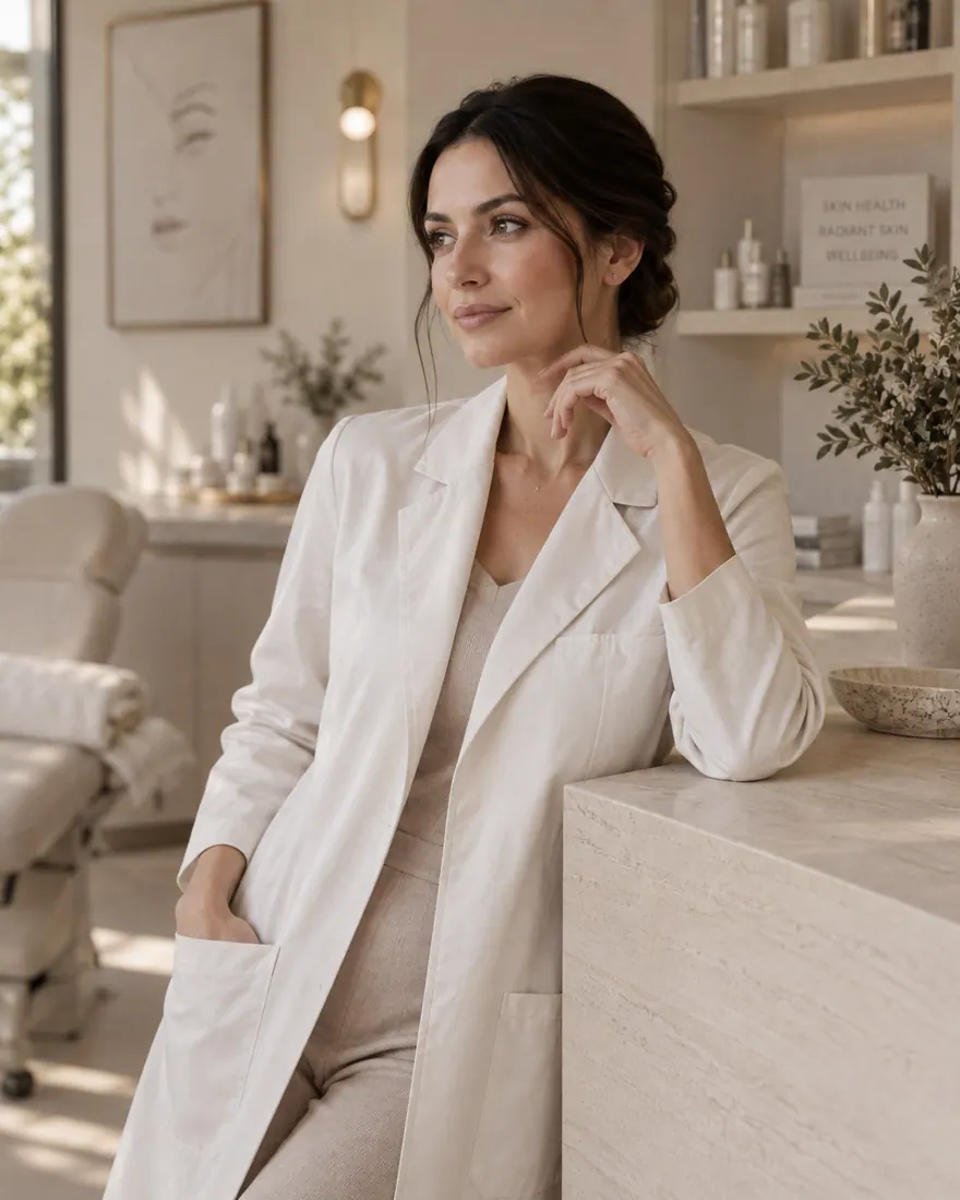Retrato gerado por IA de Helena Aurel, dermatologista fictícia, apoiada em uma bancada de travertino, com a mão no queixo e o olhar voltado para a janela.